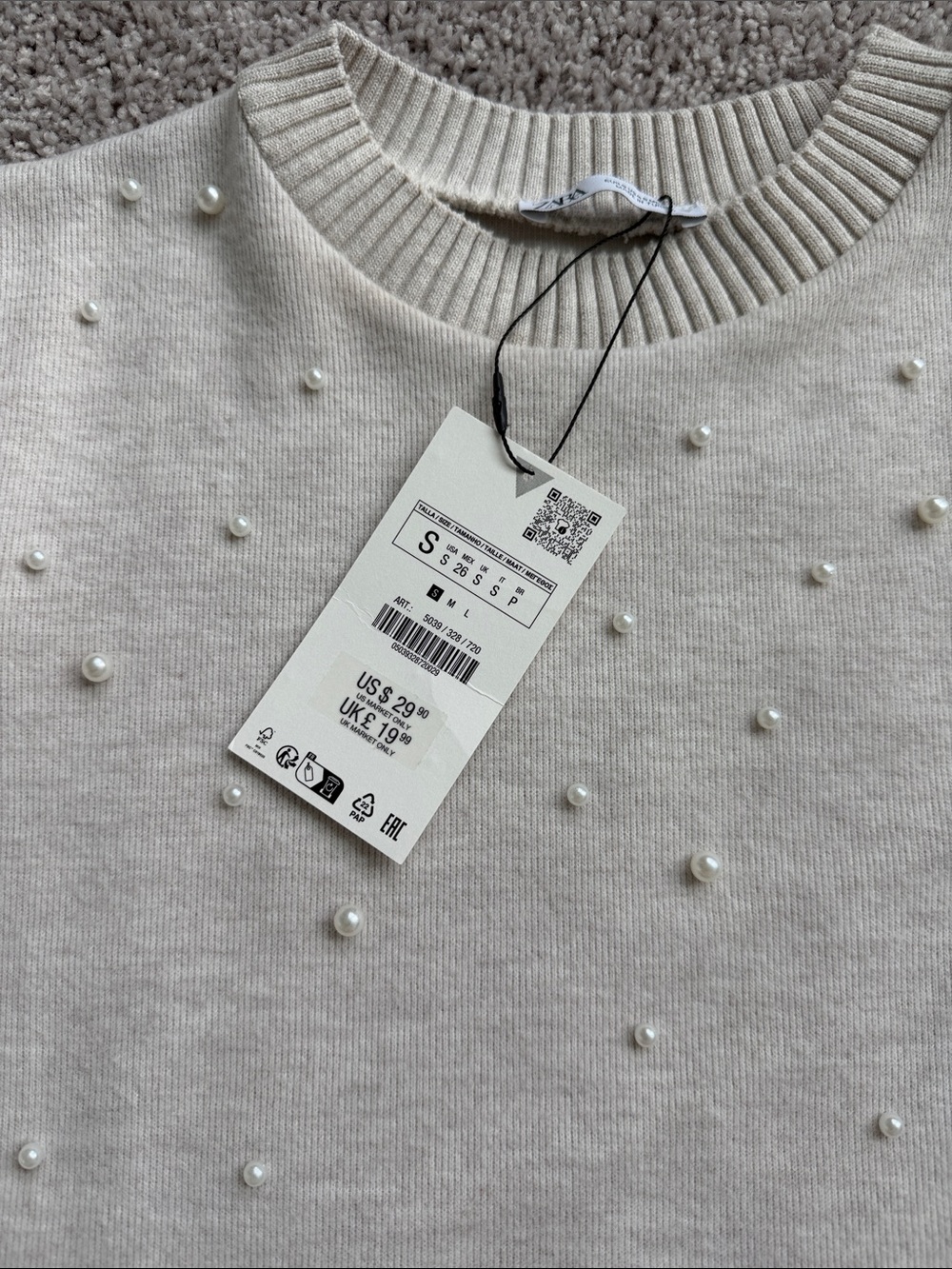 Zara Pearl-Embellished Short Sleeve Knit Top - Cream - Picture 2 of 2